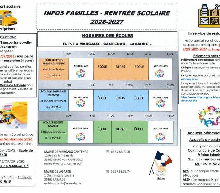 Année scolaire 2026.2027 – infos rentrée