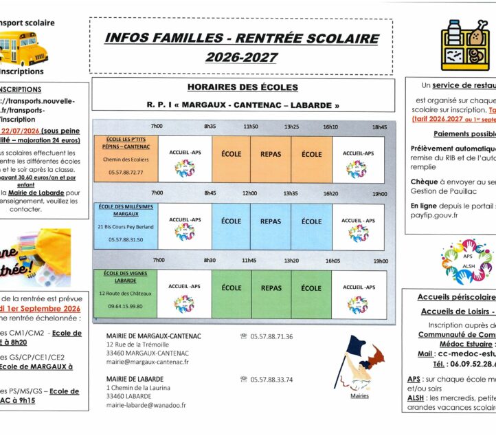 Année scolaire 2026.2027 – infos rentrée
