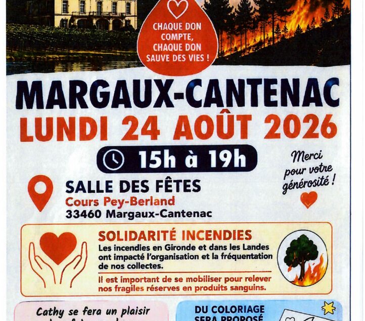 DON DE SANG 24/08/2026, de 15h à 19h, salle des Fêtes